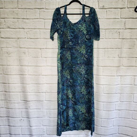 Soft Surroundings Antilles Cold Shoulder Blue Green Floral Maxi Dress Small - Picture 1 of 12